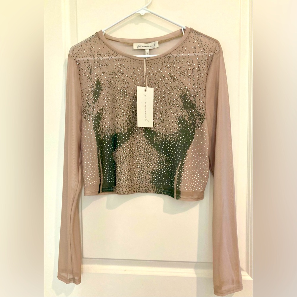 Generation K Tan Embellished Sheer Long Sleeve Top size L